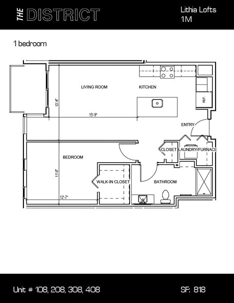 Floor plan for 1 bed, 1 bath, 818 sqft